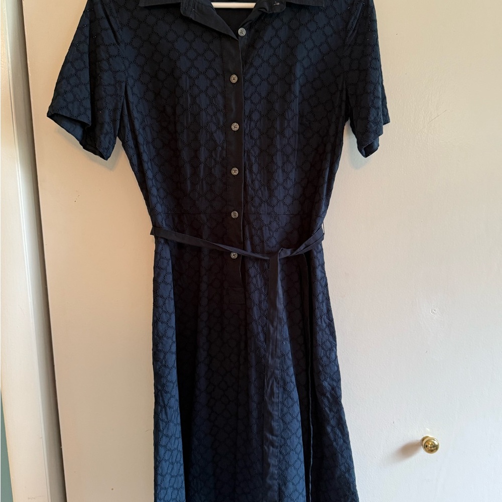 Lands' End Blue A-Line Midi Dress with Notched Collar